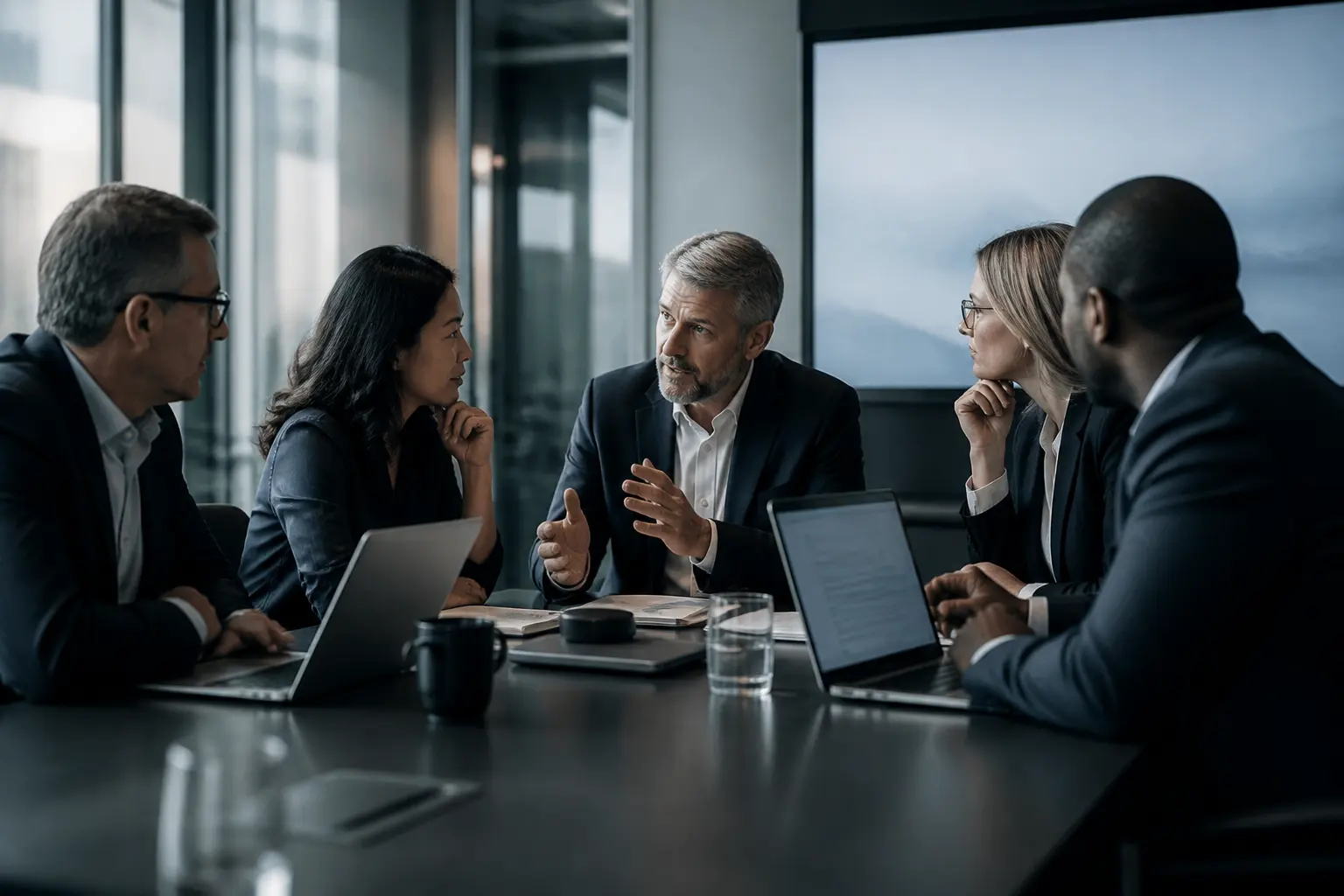 Executives in discussion around a boardroom table