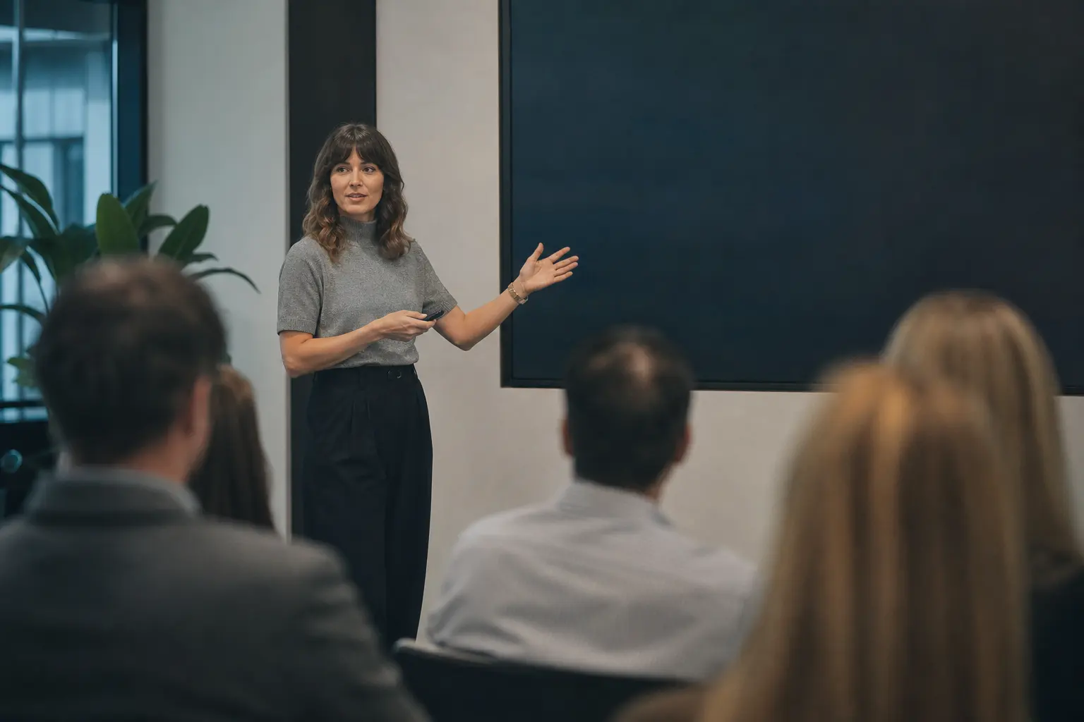 A presenter briefing a room from a large screen