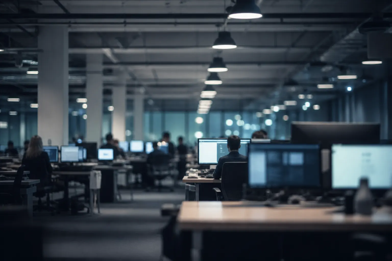 An open-plan operations floor with monitoring screens