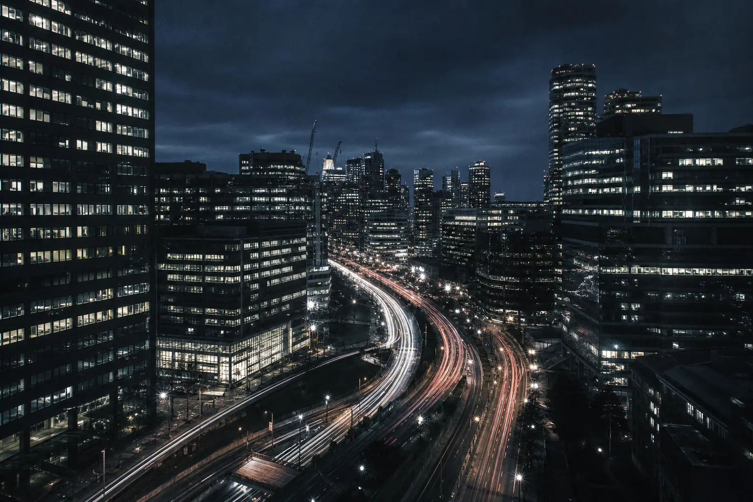 A city at night in long exposure