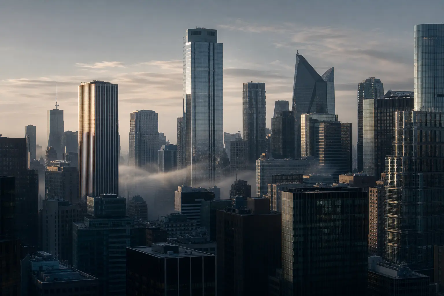 A financial district skyline at first light